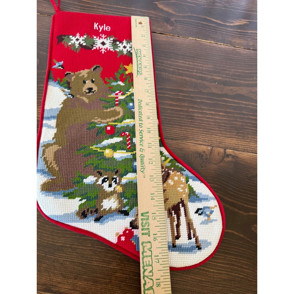 VTG Needlepoint Christmas Stocking Woodland Animals Bear Deer "Kyle" Red Velvet - Picture 4 of 9